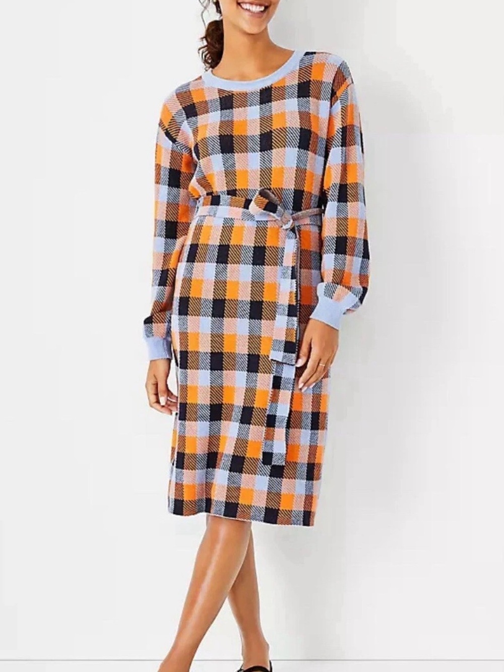 Plaid Knit Belted Sweater Dress in Orange and Light Blue